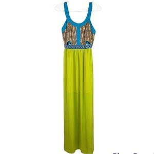 Flying Tomato Maxi Dress Bright Bold Colorful Blue Green Aztec Print Flowy Sz M